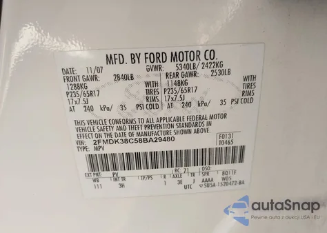 2008 Ford Edge Sel из США, поврежденный, VIN 2FMDK38C58BA29480